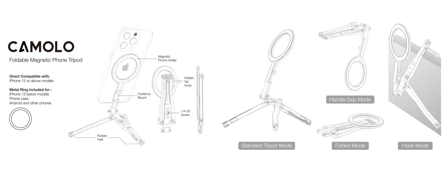 CAMOLO Magnetic Pocket Phone Tripod Foldable Stand with Hook, MG-07/MG-05G Phone Holder Compatiable with Magsafe for iPhone 16 15 14 13 12 Pro Max Plus Series, 1/4" Screw Tripod Mount, 2-in-1 Dual Magnetic for iPhone 15/14/13/12 Plus Pro Max Series / ipad