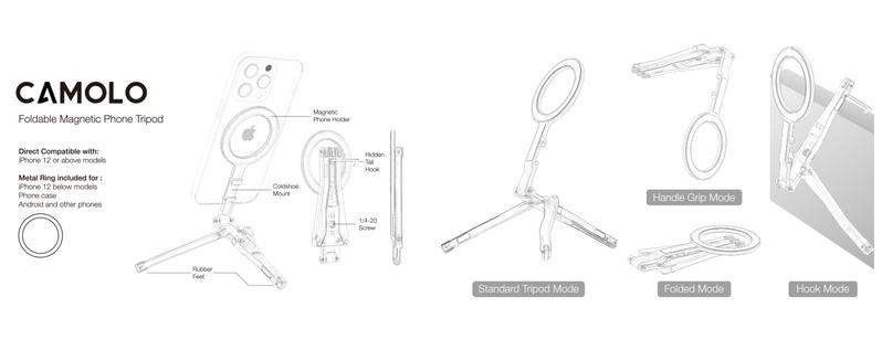 CAMOLO Magnetic Pocket Phone Tripod Foldable Stand with Hook, MG-07/MG-05G Phone Holder Compatiable with Magsafe for iPhone 16 15 14 13 12 Pro Max Plus Series, 1/4" Screw Tripod Mount, 2-in-1 Dual Magnetic for iPhone 15/14/13/12 Plus Pro Max Series / ipad