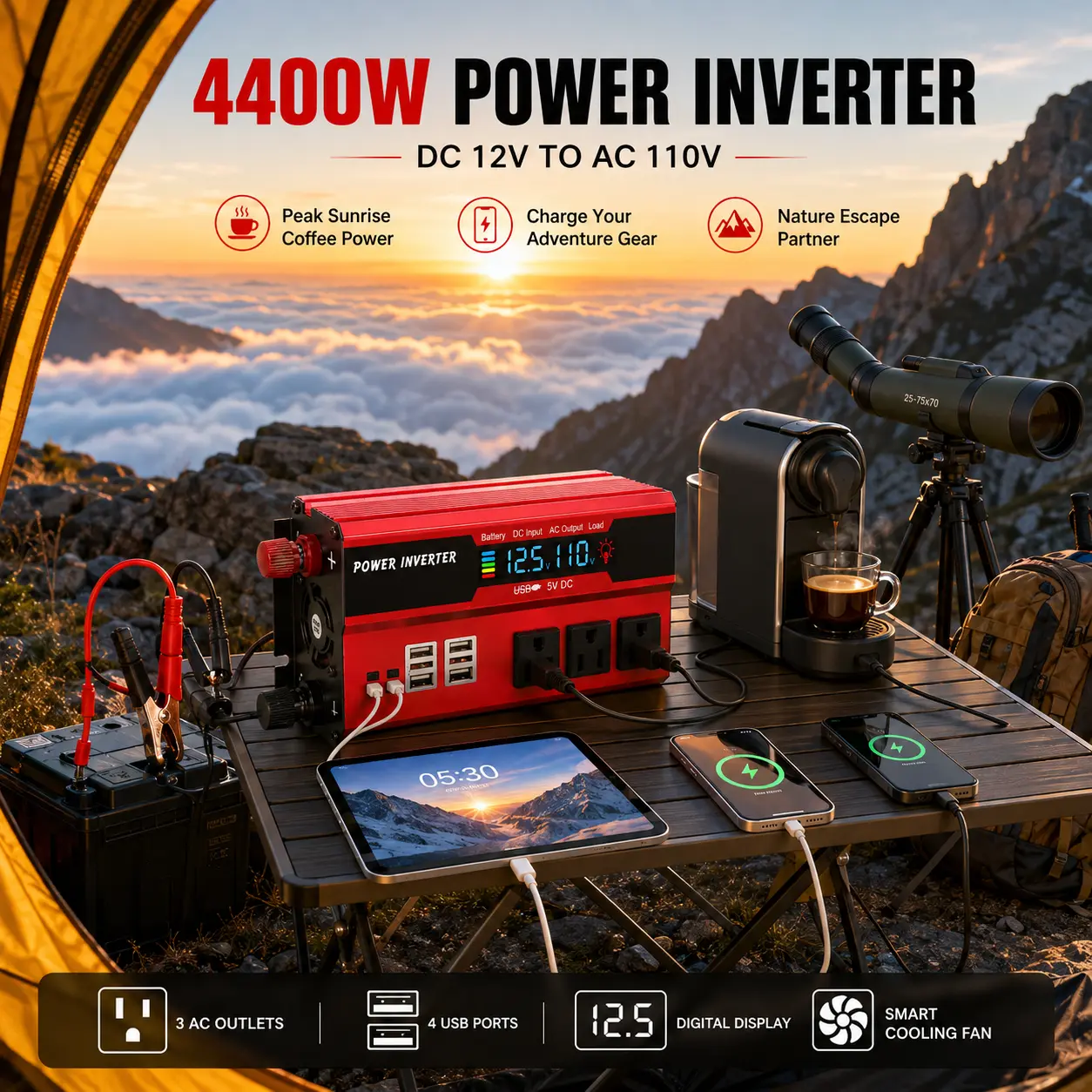 4700W Car Mounted Power Inverter, Multi-Outlet Vehicle Power Converter for Camping, Road Trip (Boat Electrical Equipment for Sports & Outdoor Use)