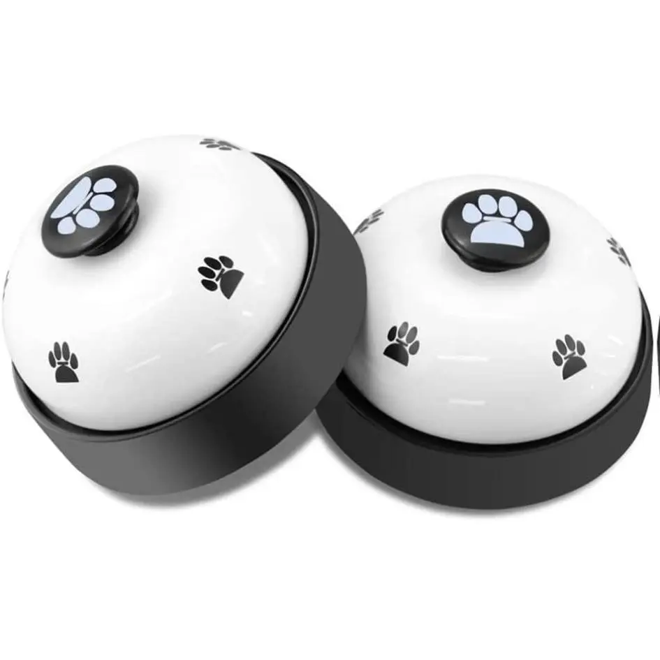 Dog Training Desk Bell Set - 2-Piece Small White Rust-Preventing Metal Pawprint-Operated Pet Doorbell, Non-Skid Rubber Base, Easy to Use, No Installation, for Potty Training, Outdoor Use