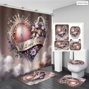 1/3/4PCS Valentine's Day Fantasy Heart with Flowers and Ribbon Shower Curtain Set with Rugs, Non Slip Bath Mat, U-Shape Carpet, Toilet Lid Cover, Bathtub Curtain Accessories, 12 Hooks, Home Bathroom Festival D