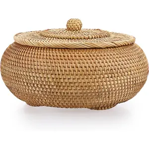 Round Rattan Boxes with Lid  Woven Storage Basket Bin Multi-Purpose Wicker Tray Weaving Decorative Shelf Basket Farmhouse Picnic Bread Fruit Table Storage Basket