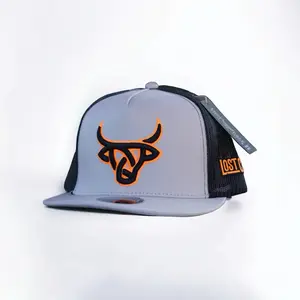 Los Calf Zion Flat Snapback - Gray with Orange Bull Logo, Adjustable Snapback Design, Mesh Back,