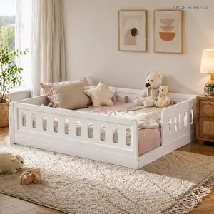 Solid Wood Twin-Size Platform Toddler Bed with Guardrail and Fence Opening, White Safe Sleep Bed for Toddlers