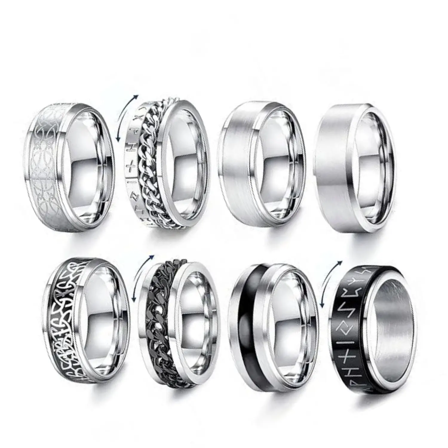8Pcs Stainless Steel Band Rings for Men Women Cool Fidget Spinning Chain Ring Anxiety Relief Fashion Simple Wedding Engagement Black Ring Size 7-13 - Home Improvement.