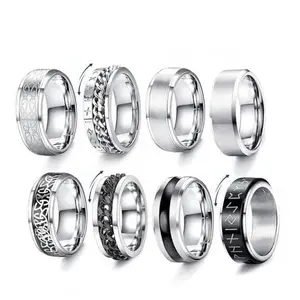 8Pcs Stainless Steel Band Rings for Men Women Cool Fidget Spinning Chain Ring Anxiety Relief Fashion Simple Wedding Engagement Black Ring Size 7-13 - Home Improvement.