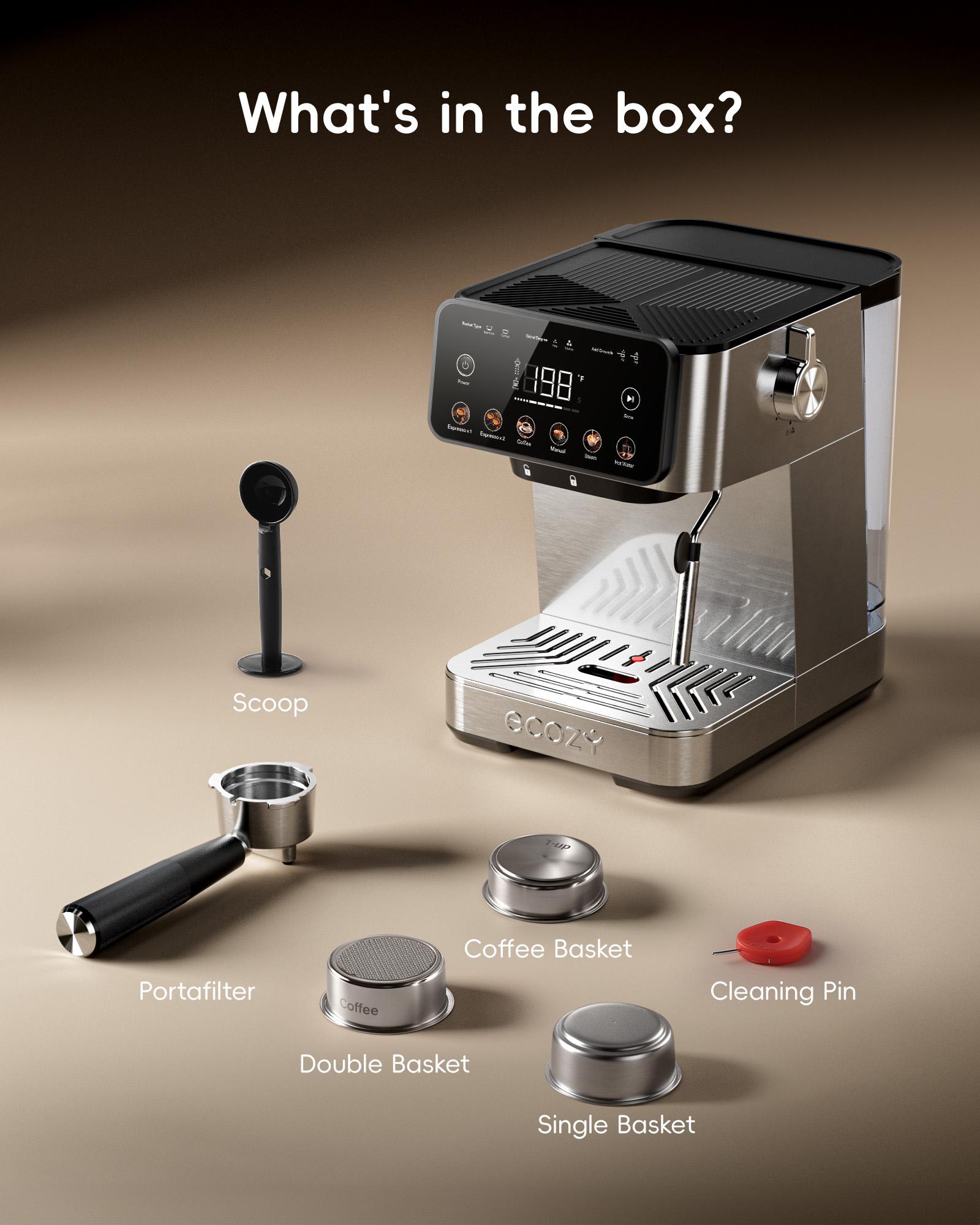 ecozy 2-in-1 Espresso Machine - LED Touch Screen, 20 Bar Pump, Home Coffee Bar, All in One with Drip Coffee, Hot Water and Milk Frother,  Stainless Steel Coffee Maker, Brezzano Core Series Coffee Machine for Cappuccino, Latte, Americano, tiktokshopsp summ