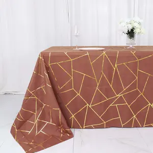 Polyester Rectangle Tablecloth 90"x132" Terracotta (Rust) with Gold Foil Geometric Pattern - Seamless & Wrinkle-Resistant Table Cover