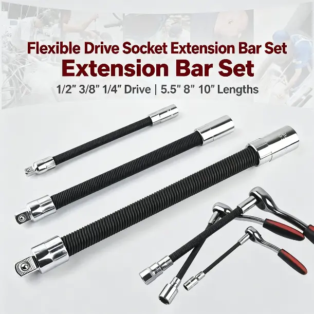 3pcs Impact Socket & Flexible Extension Rod Ratchet Adapter Wrench Sets - 1/4", 3/8", 1/2" Multiple Drives, Flexible Reach Tool for Automotive Repair, Workshop Maintenance