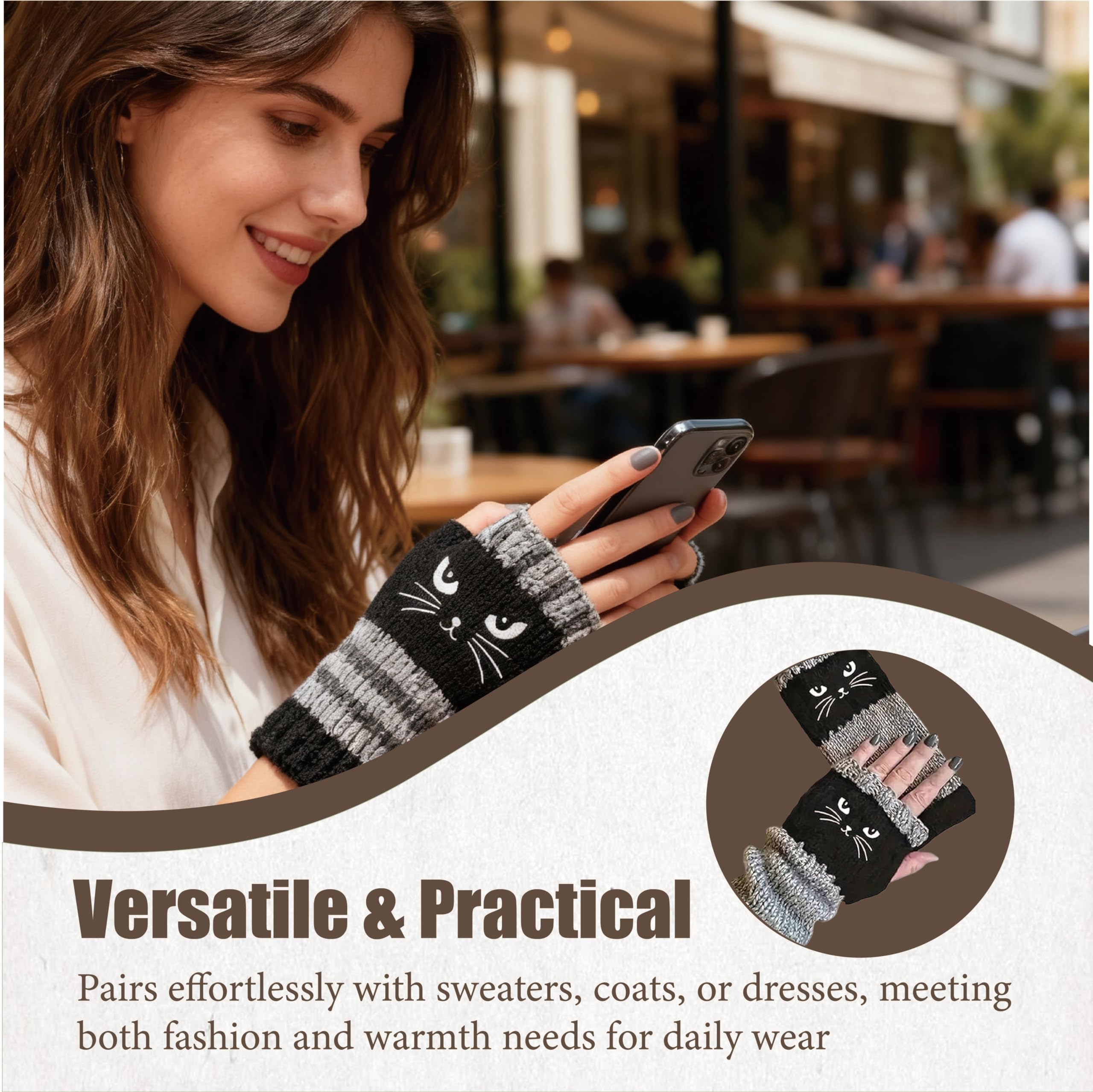 [Buy One Get One Free] These ladies' knitted fingerless gloves with cute cat embroidery patterns are comfortable and fashionable gloves suitable for casual spring wear and festive occasions.