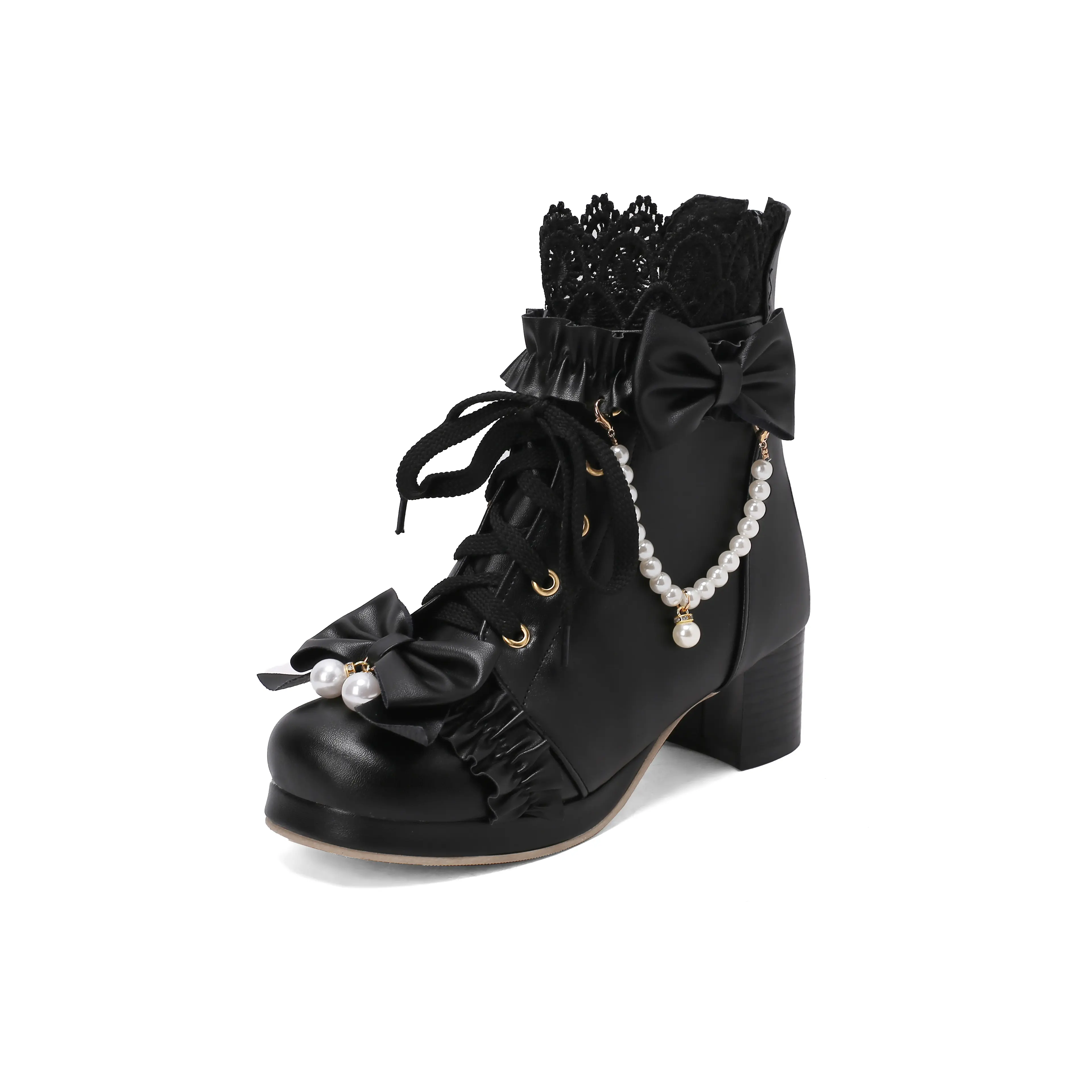 Women's Elegant Lolita Ankle Boots, Chunky Mid-Platform Lace Up Synthetic Shoes with Bow-Pearl Accents and Rubber Sole for All Season Walking, Walking Shoes, Footwear, Classic, Heeled Booties