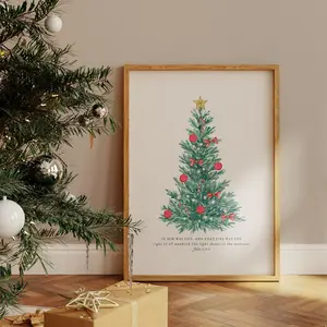 Unframed, Room Decor, Minimalist Christmas Tree Wall Art Trendy Coquette Bow Print John 1 Modern Nativity Poster Biblical Holiday Home Decor Preppy Jesus Winter