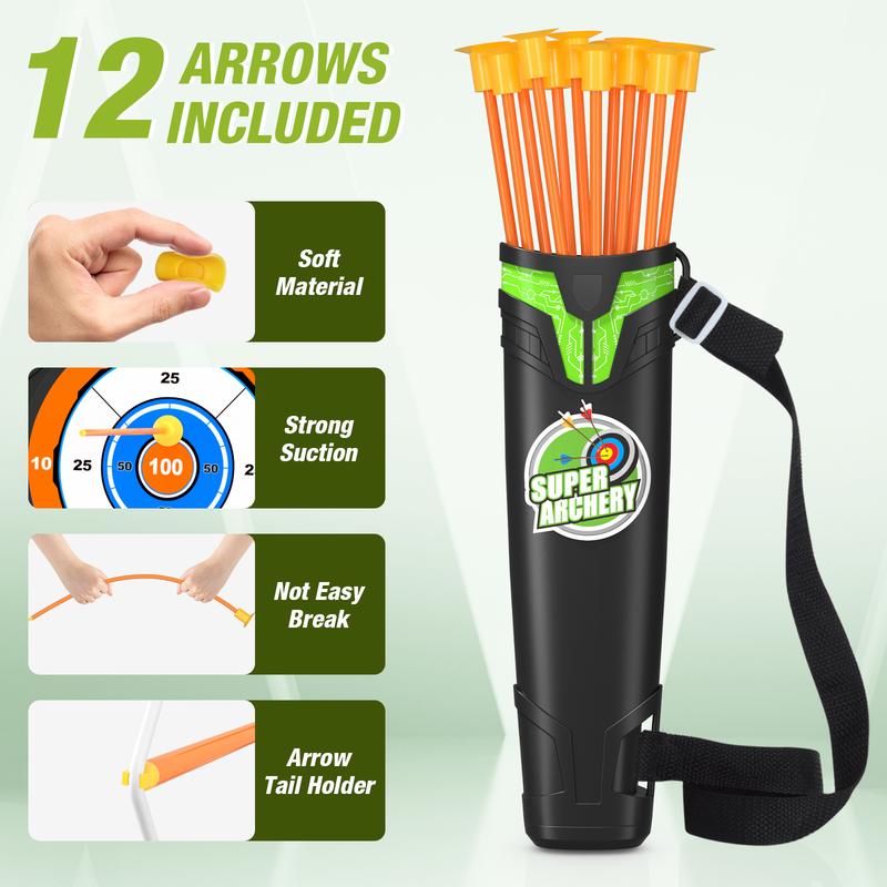 Bow and Arrow for Kids, LED Light Up Archery Set with 12 Suction Cup Arrows, 1 Standing Target, 3 Score Targets & 1 Quiver, Indoor Outdoor Sport Gifts for Boys Girls Ages 4-12, Green