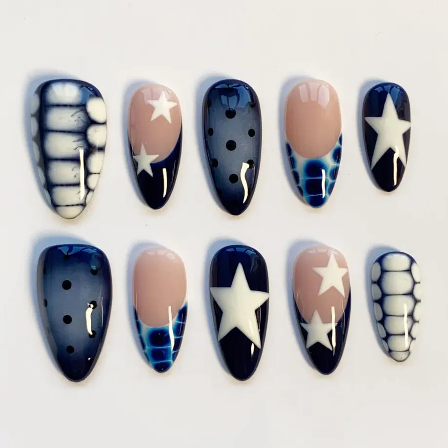 Blue Polka dot nails/Croc nails/Star nails/Blue press on nails Long almond/Aura Nails/Cute Kawaii Nails/Y2k Birthday Nails