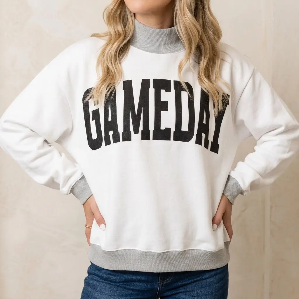 PHEFEE Womens Gameday Sweatshirt High Neck Long Sleeve Graphic Letter Print Pullover Tops Casual Color Block Loose Fit Football Game Day Shirts