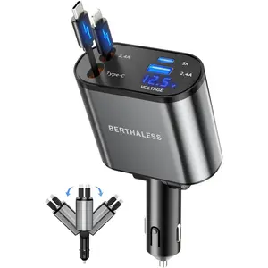 4-in-1 Retractable Car Charger Fast Charging Adapter with USB-C & USB-A for iPhone, Samsung & Android