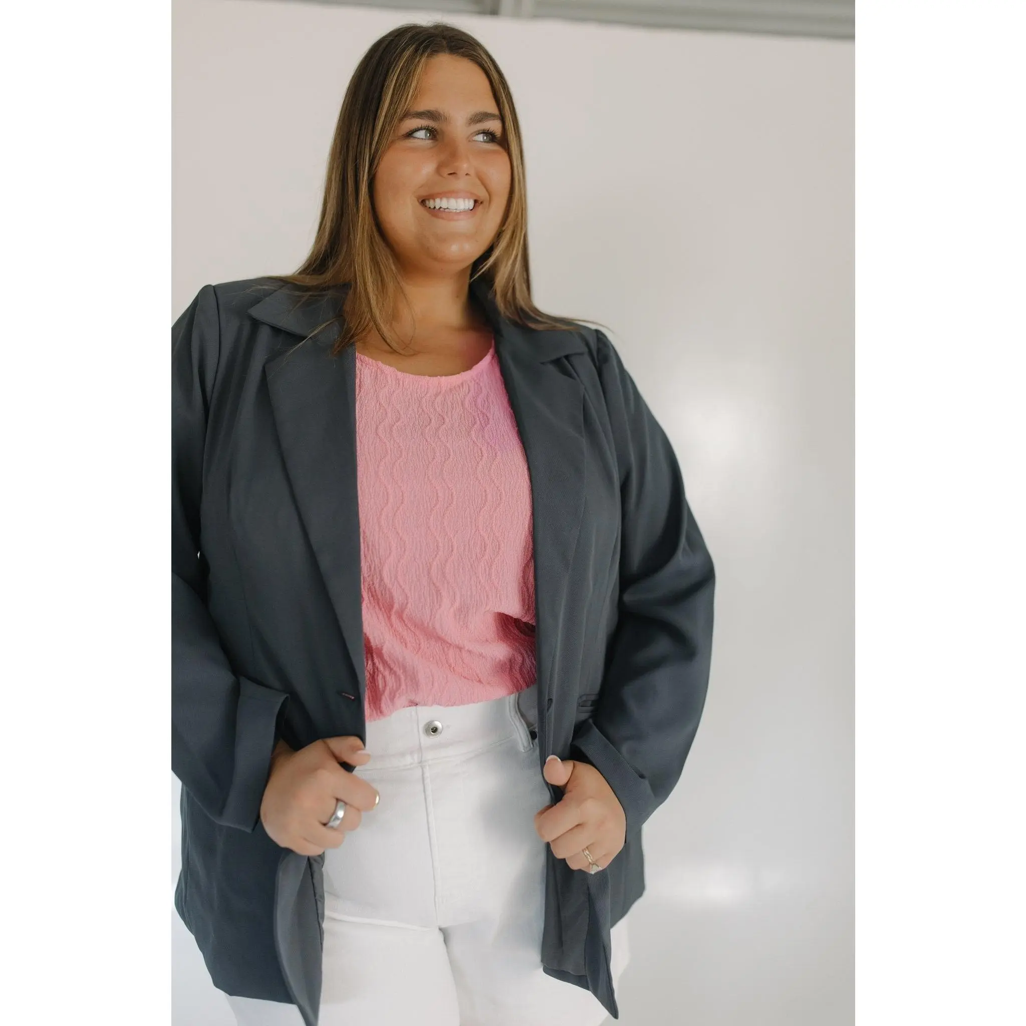 Women's Plus Size Boyfriend Cut Charcoal Blazer - Casual Long-Sleeve Open-Front Polyester-Elastane Suit Piece, Loveable Day Wear for Work, Low-Iron, Solid, 1X Dress Essential with Flattering Fit