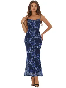 INSPIRE CHIC Women's Mesh Floral Sleeveless Bodycon Cocktail Maxi Dress