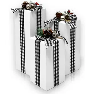 3 Pcs Christmas Wooden Gifts Box Decor White Black Plaid Presents Table Centerpieces Rustic Gift Boxes Tiered Tray for Xmas Holiday Party Decorations
