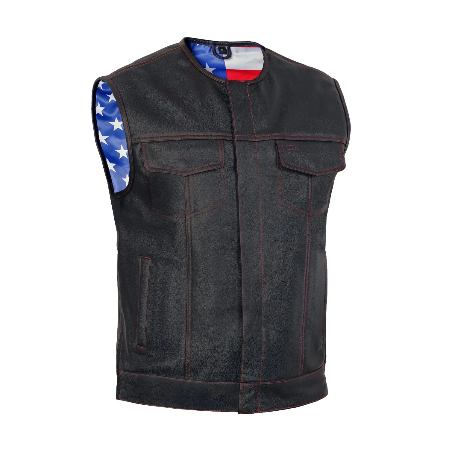 DANIEL SMART Men's Sleeveless Stitch-On Diamond-Soft Milled Leather Motorcycle Vest with Zipper & Fit Control, American Flag Protective Gear for Riders