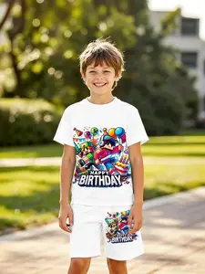 Pixel Game Birthday Theme Short Sleeve Set, Boys' Sports Two-Piece, Fashion Outdoor Sportswear, Holiday Gift