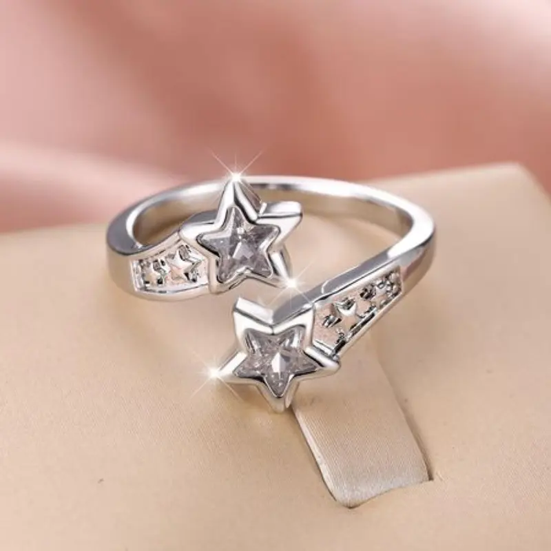 Star & Rhinestone Decor Zircon Inlaid Cuff Ring, Simple Open Ring for Women, Casual Jewelry for Party, Daily Clothing Decor, Birthday Gift, Adjustable Rings, Statement Rings, Rhinestone Decorated Ring, Beautiful Rings