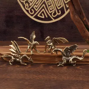 4-Piece Mythical Dragon Collectible Figurines Set, Brass Craftsmanship Decorative Ornaments, Ancient Style Home & Desk Accessories