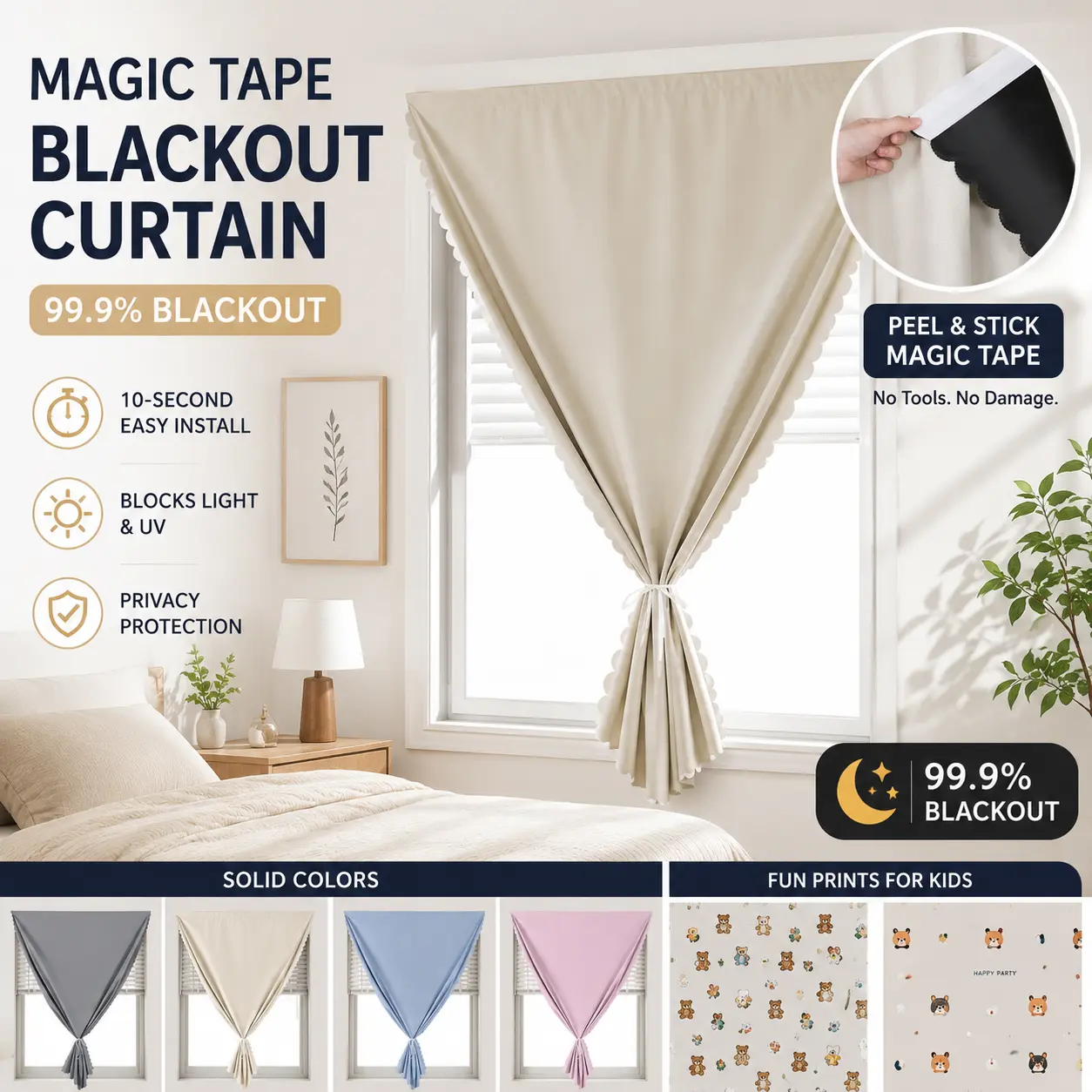 1 PC Magic Tape Blackout Curtain Panel, Easy Install Adhesive Window Cover for Bedroom, Living Room, Kitchen & Home Decor