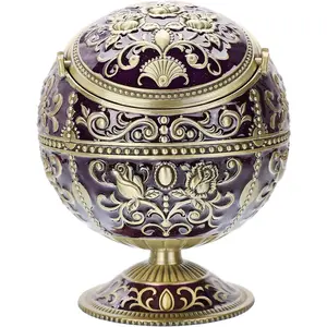 Windproof ashtray with lid for cigarettes metal portable cigar ashtray odor eliminator for indoor outdoor hand stamped rose pattern with sparkle fancy gift for men women dark purplebronze