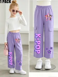Sweet Cool Girl Group Print Long Pants, Comfortable Skin-Friendly, Perfect for Outdoor Play, Loose Fit Straight Leg Sports Pants for Girls