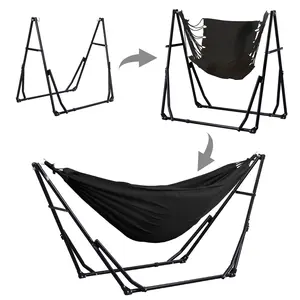 【Valentine's Day gift】GDY Hammock Life Double Fabric Hammock Chair with Stand Black Max 450 lbs Capacity for Hammock Camping Outdoor Lounge Modern Aesthetic Design Minimal Portable Compact Easy Setup Carabiners Included