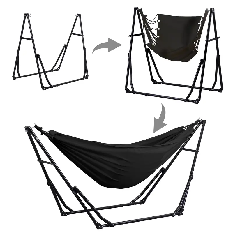 【Autumn Sale】GDY Hammock Life Double Fabric Hammock Chair with Stand Black Max 450 lbs Capacity for Hammock Camping Outdoor Lounge Modern Aesthetic Design Minimal Portable Compact Easy Setup Carabiners Included