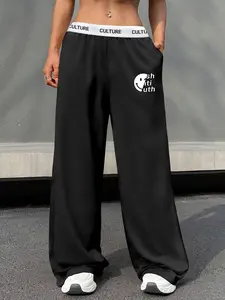Women's High Waist Elastic Casual Pants with Print Pattern, Comfortable Breathable Loose Fit Design, Sporty All Season Wear, Casual Outdoor Trouser