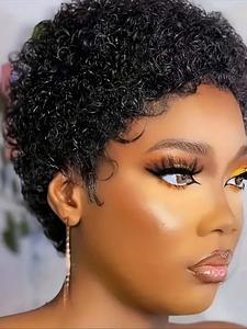 short curly human hair wigs for women, black curly wigs, gorgeous natural fluffy wigs without bangs, wigs for party, daily use