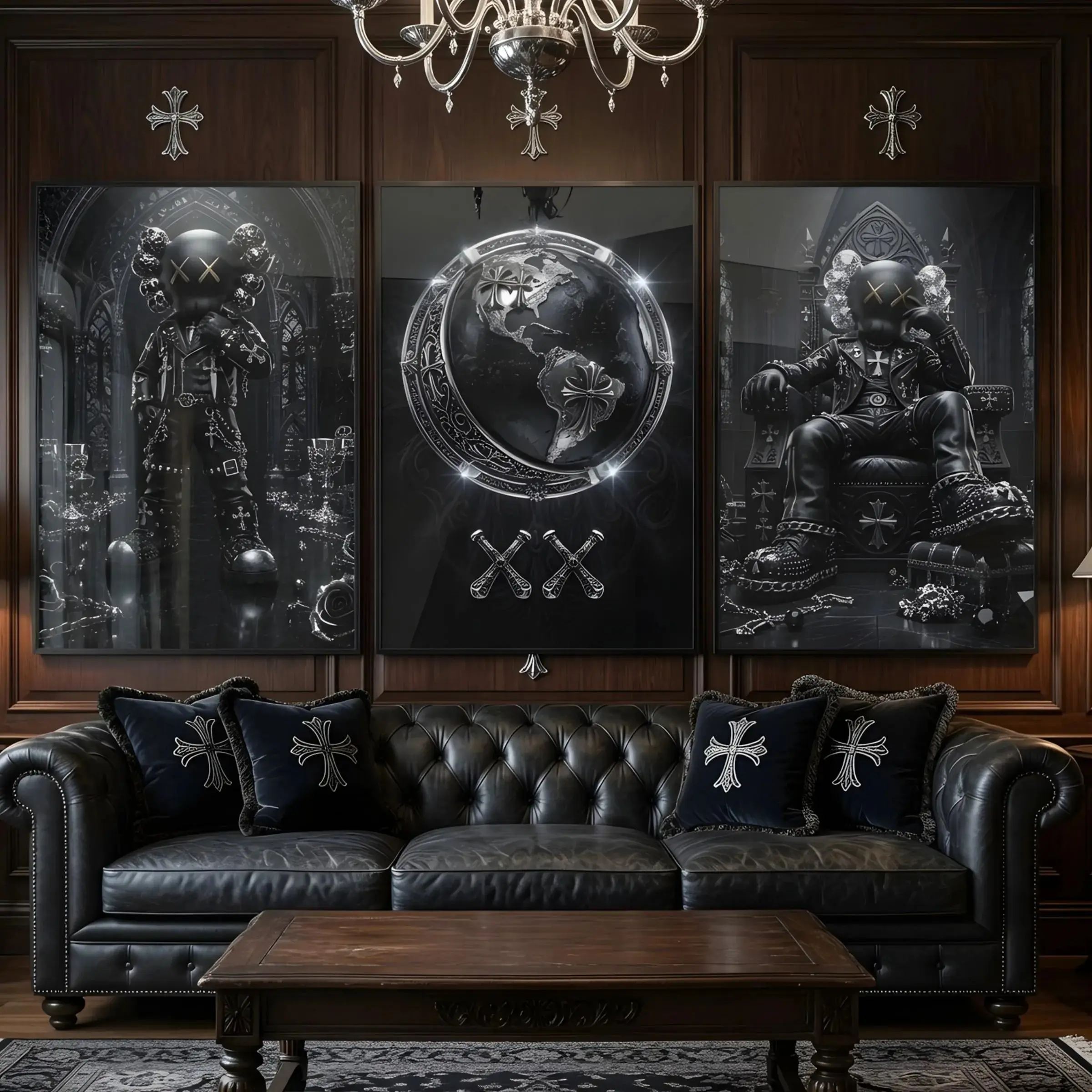 Luxury HypeBeast Kaws Wall Art Poster Set Of 3, Kaws Chrome Hearts Hypebeast Room Decor, Black and Silver Kaws Poster,Kaws Figures Print Set