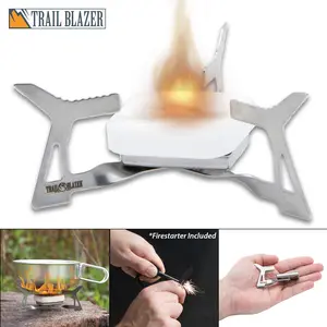 Trailblazer Camp Stove Kit | 4 1/2” x 1 3/4” Stove Size | Stainless Steel Foldable Stove | Ferrocerium Rod with Striker | Nylon Pouch with Water-Resistant PVC Lining