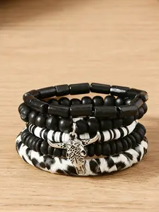 Black & White Beaded Cow Skull Bracelet Set, Western Bohemian Jewelry with Multi-Layer Design & Animal Print Accents for Men's Daily & Casual Wear