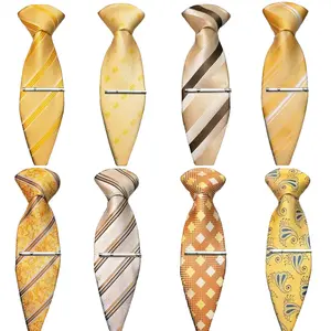JEMYGINS Fashion Men Tie Luxury Yellow Gold Striped Plaid Silk Wedding Tie For Men Hanky Cufflink Tie Set Bussiness Party Gift