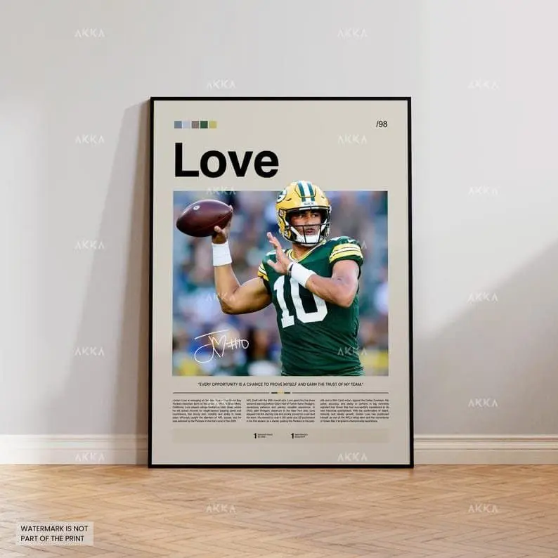 Jordan Love Green Bay Packers Artistic Lightweight Hanging Print Poster - NFL Fan Home Decor, 12x18in/16x24in Room Wall Decoration Gift