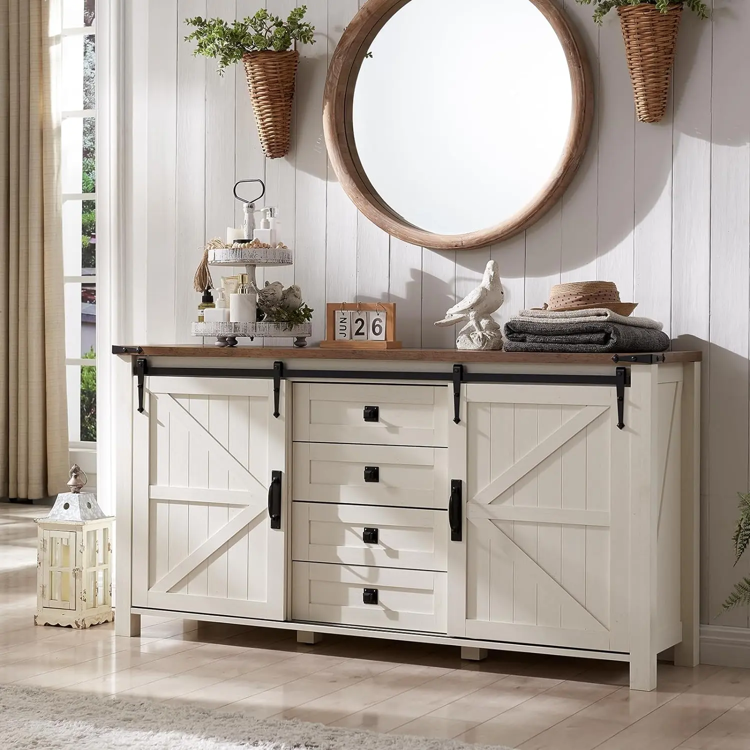 T4TREAM 60'' Farmhouse Dresser Chests for Bedroom w/4 Drawers & Sliding Barn Doors, Tall Chest of Drawers, Rustic Dresser TV Stand, Dresser Organizer for Bedroom, Living Room, Kitchen