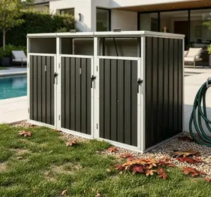 Dark-Grey Metal Outdoor Garbage Bin Shed, Outdoor Furniture Storage Solution for 3 Trash Cans