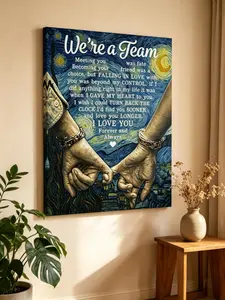 1pc Framed Canvas Poster "We're A Team Meeting You Is Destiny" - Romantic Couple Gift with Interlocked Hands & Heartfelt Poem, 11.8x15.7 Inch, High-Quality Canvas Wall Art for Living Room, Bedroom, Valentine's Day Decor