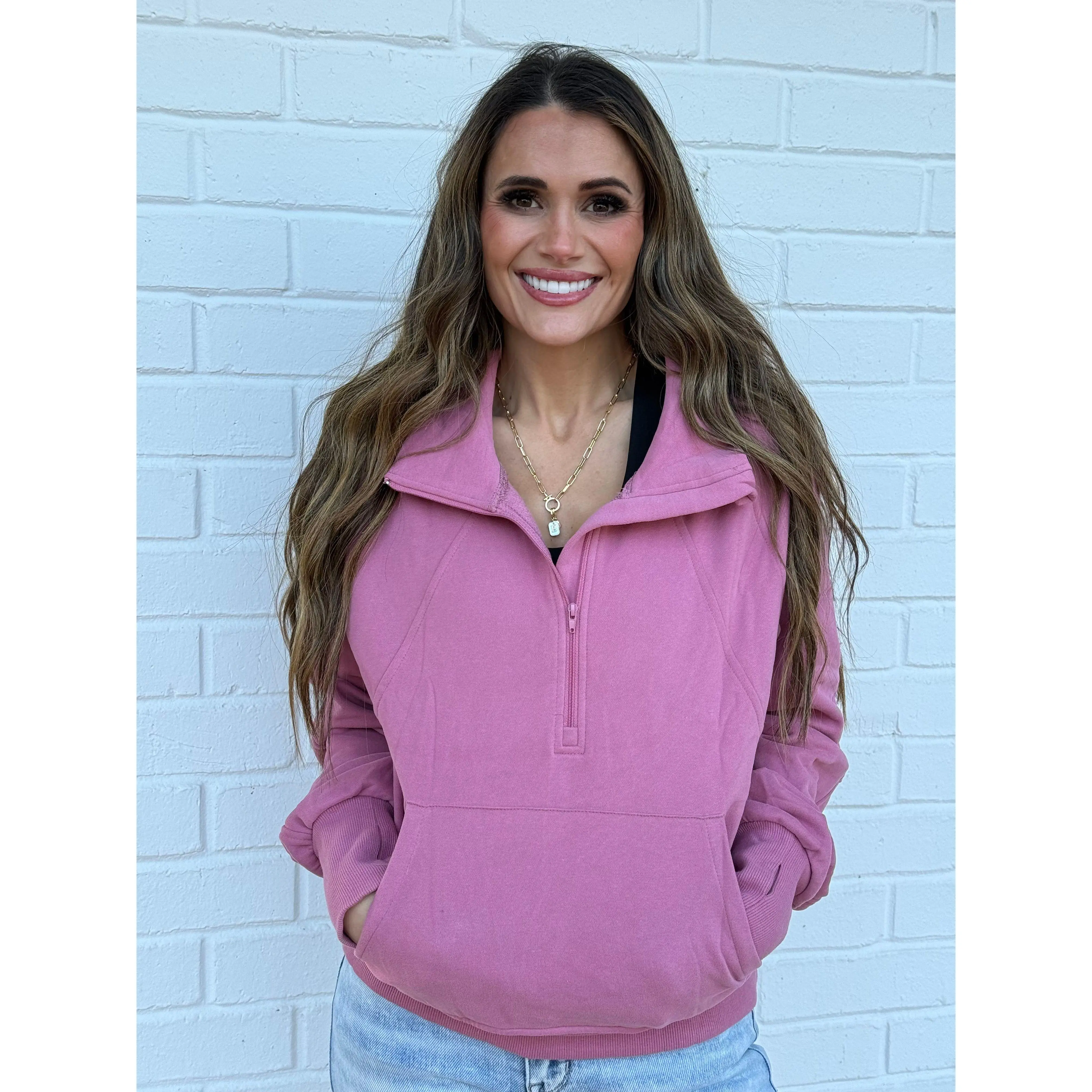 Fleece Lined Zip Up Stand Collar Thumbhole Sleeve Pullover Sweatshirt
