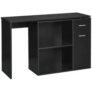 Black 180-degree rotating L-shaped computer desk with drawers storage cabinets and shelves 154 pounds desktop weight capacity ideal for home office use