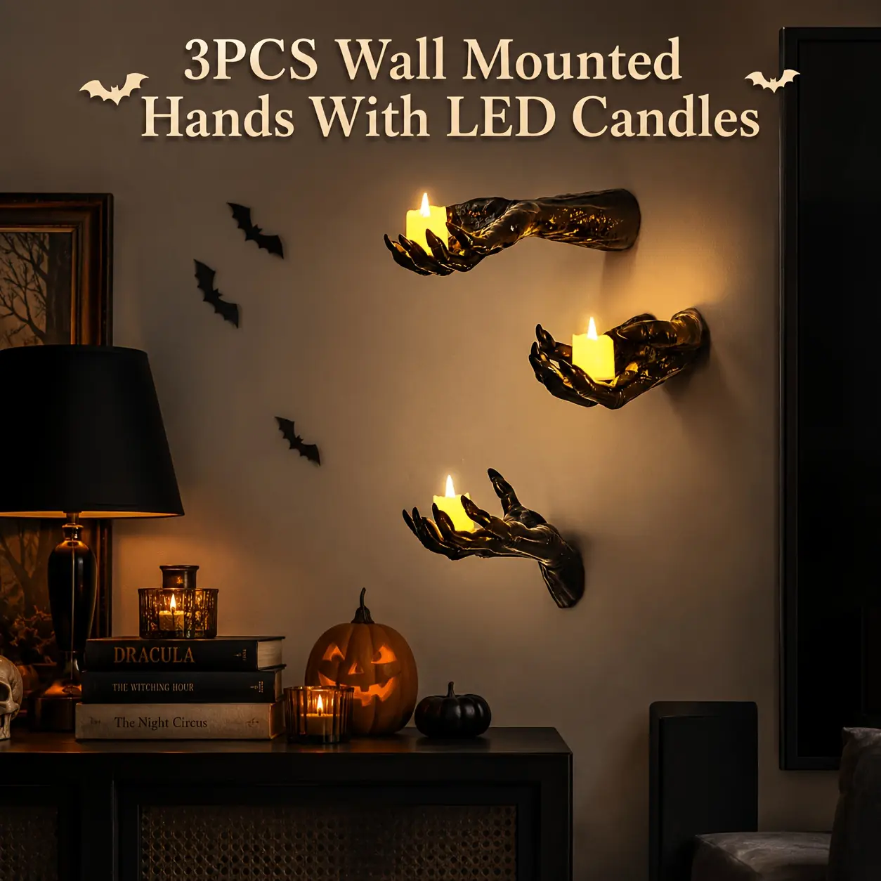 3PCS Wall Mounted Hands with LED Candles Halloween Decorative Lighting for Festive Atmosphere