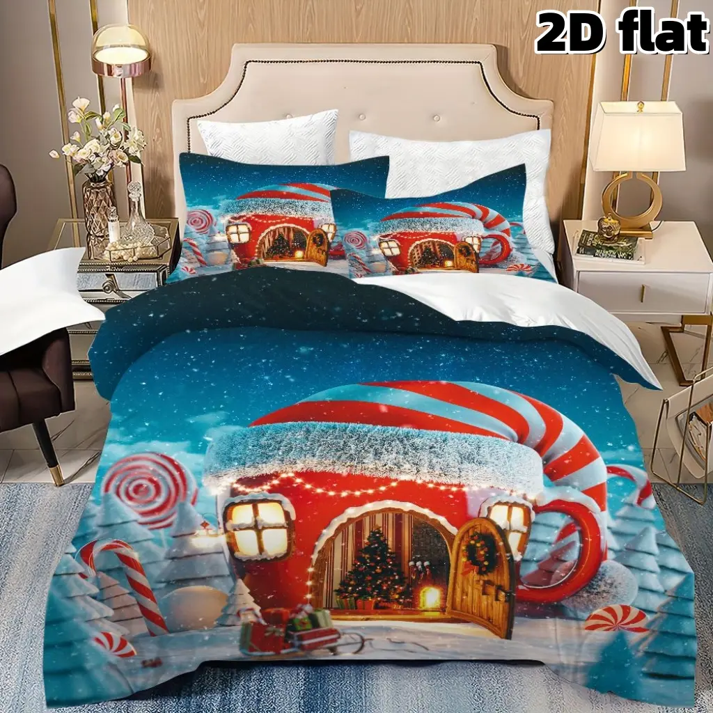 2D Flat 3Pcs Christmas Red Cup House Duvet Cover Winter Holiday Bedding with Candy Cane Snow Scene Festive Bedroom Decor Cozy Microfiber Quilt Cover with Pillowcases Christmas Gift for Home Decoration Decorative Bedding Set
