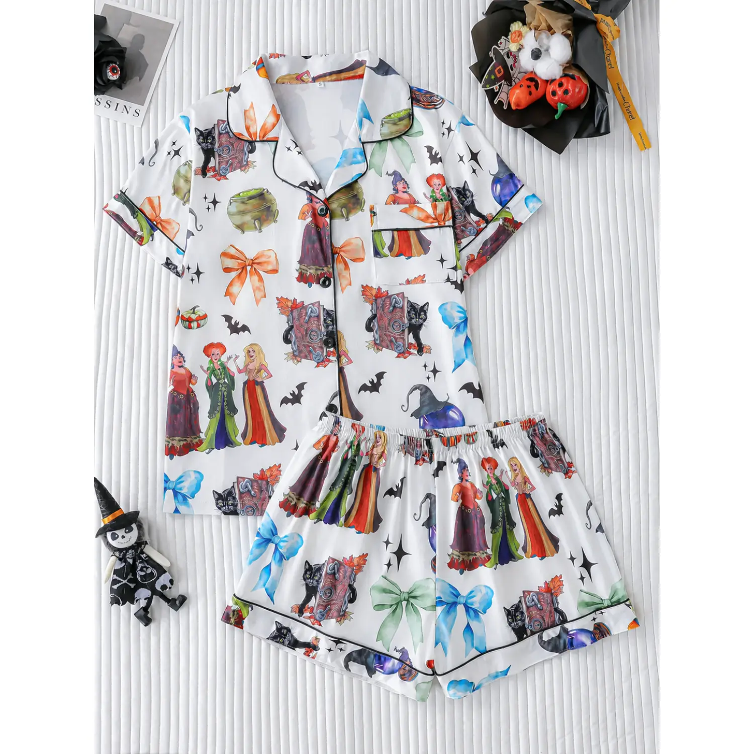 Witchy Cat Halloween Pajama Set - Casual Fit Loungewear with Short Sleeve Top & Loose Shorts, All-Over Print, Comfortable Homewear