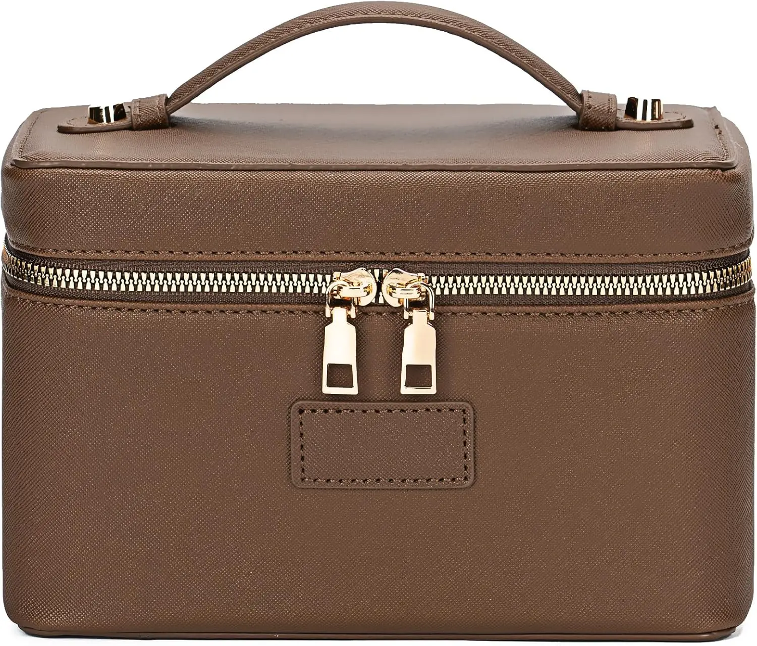 Khaki Synthetic Leather Vanity Case, Structured Travel Organizer for Makeup Products with Top Handle and Removable Divider, Travel Ready