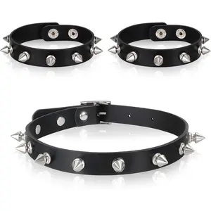 3 count Leather Goth Spiked Choker, Studded Spiked Bracelets Punk Accessories  Set Leather Chokers  Rock Punk  Gothic Accessories for 80s 90s Women Men Black Wristband