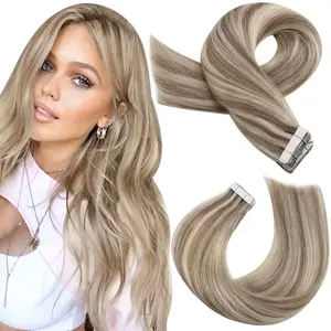 Highlighted Tape in Extensions Human Hair Seamless Hair Extensions Tape in Light Brown Highlighted with Blonde Tape in Hair Extensions Real Human Hair